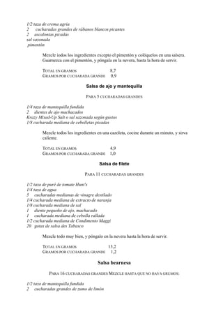 1/2 taza de crema agria
2    cucharadas grandes de rábanos blancos picantes
2 ascalonias picadas
sal sazonada
 pimentón

        Mezcle iodos los ingredientes excepto el pimentón y colóquelos en una salsera.
        Guarnezca con el pimentón, y póngala en la nevera, hasta la hora de servir.

        TOTAL EN GRAMOS                      8,7
        GRAMOS POR CUCHARADA GRANDE          0,9

                                Salsa de ajo y mantequilla

                                PARA 5 CUCHARADAS GRANDES

1/4 taza de mantequilla fundida
2 dientes de ajo machacados
Krazy Mixed-Up Salt o sal sazonada según gustos
1/8 cucharada mediana de cebolletas picadas

        Mezcle todos los ingredientes en una cazoleta, cocine durante un minuto, y sirva
        caliente.

        TOTAL EN GRAMOS             4,9
        GRAMOS POR CUCHARADA GRANDE 1,0

                                       Salsa de filete

                               PARA 11 CUCHARADAS GRANDES

1/2 taza de puré de tomate Hunt's
1/4 taza de agua
5 cucharadas medianas de vinagre destilado
1/4 cucharada mediana de extracto de naranja
1/8 cucharada mediana de sal
1 diente pequeño de ajo, machacado
1 cucharada mediana de cebolla rallada
1/2 cucharada mediana de Condimento Maggi
20 gotas de salsa des Tabasco

        Mezcle todo muy bien, y póngalo en la nevera hasta la hora de servir.

        TOTAL EN GRAMOS             13,2
        GRAMOS POR CUCHARADA GRANDE 1,2

                                      Salsa bearnesa
           PARA 16 CUCHARADAS GRANDES MEZCLE HASTA QUE NO HAYA GRUMOS:

1/2 taza de mantequilla fundida
2 cucharadas grandes de zumo de limón
 