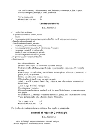Ase en el horno muy caliente durante unos 3 minutos, o hasta que se dore el queso.
        Sírvalo como plato principal, o como guarnición.

        TOTAL EN GRAMOS             6,7
        GRAMOS POR PORCIÓN          3,4

                                    Calabacines rellenos

                                          PARA 8 PERSONAS

8 calabacines medianos
250 gramos de carne de vacuno picada
1    huevo
2 cucharadas grandes de queso parmesano (también puede usarse queso romano)
1/2 cucharada mediana de sal
1/2 cucharada mediana de pimienta
6 lonchas de jamón (o jamón cocido)
3 cucharadas grandes de aceite de oliva marca Progresso
1 cucharada grande de perejil picado
1 loncha de panceta muy magra, picada
2 cucharadas grandes de cebolla picada
250 gramos de zumo de tomate (Hunt's)
3/4 taza de agua

        Precaliente el horno a 190°.
        Mientras tanto, hierva los calabacines durante 8 minutos.
        Corte en mitades a lo largo, saque la pulpa con una cuchara y resérvela. No rompa la
        corteza.
        Corte la pulpa en cuadraditos y mézclela con la carne picada, el huevo, el parmesano, el
        jamón, la sal y la pimienta.
        Rellene los calabacines con esta mezcla.
        Caliente el aceite de oliva: en una sartén grande.
        Añada el perejil, la panceta, la cebolla y caliéntelo todo a fuego lento, hasta que esté
        bien dorado.
        Añada el jugo de tomate y el agua.
        Cocine durante 5 minutos.
        Coloque los calabacines en una bandeja de hornear sólo lo bastante grande como para
        que quepan
        los calabacines. (La bandeja no debe ser demasiado grande, o no tendrá bastante salsa.)
        Vierta por encima la salsa y hornee durante 30 minutos.

        TOTAL EN GRAMOS            39,2
        GRAMOS POR PORCIÓN          4,9

Por sí sola, esta receta constituye un plato que llena mucho en una comida.

                         Ensalada de requesón y crema agria
                                          PARA 8 PERSONAS

2     tazas de lechuga o espinacas tiernas, crudas a rodajas
11/3 tazas de pepinos de tamaño similar, cortados
 
