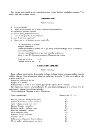 Una lata de atún añadida a esta receta la convierte en una deliciosa ensalada compuesta. Y no
añadirá nada a la cuenta de gramos.

                                          Ensalada César

                                          PARA 8 PERSONAS

  2 lechugas rizadas
  1 diente de ajo, cortado por la mitad Aliño para ensalada César
  450 gramos de panceta, crujiente
  1/3 taza de queso parmesano rallado
  2    cucharadas grandes de perejil picado
  1 lata de anchoas (opcional)
  4 huevos duros enfriados en la nevera y picados

           Lave y seque bien la lechuga.
           Rómpala en trocitos.
           Frote la ensaladera de madera con el ajo, ponga en ella la lechuga, añada la mitad del
           aliño y remueva bien.
           Coloque encima la panceta, el queso, el perejil y las anchoas.
           Vierta el resto del aliño, guarnezca con el huevo picado y sirva.

           TOTAL EN GRAMOS            32,7
           GRAMOS POR PORCIÓN          4,1

                                      Ensalada con verduras

                                          PARA 6 PERSONAS

   Lave cualquier combinación de ensalada, lechuga, lechuga rizada, espinacas crudas, escarola,
endibias o berros. Séquela batiéndola sobre una toalla antes de usarla. (El aliño no se adhiere a las
verduras húmedas.)
   Rompa las verduras en trocitos.
   Póngalo en la nevera.
   Habitualmente se utiliza el aliño francés, pero pruebe algunas de sus variantes.
   Para 6 personas, remueva aproximadamente dos tazas de ensalada puesta en la nevera y otras dos
tazas de dos o más de los siguientes vegetales:
   (Gramos totales de 2 tazas de lechuga =15 gramos).

  VEGETALES CRUDOS                                                 GRAMOS POR 1/2 TAZA

  Bróculi: florecillas a rodajas muy finas                                 6,5
  Coliflor: florecillas a rodajas muy finas                                5,9
  Apio: rodajas, al sesgo o en cubos                                       4,4
  Pepinos: Rodajas o en cubos                                              3,6
  Pimiento verde: anillos o cubos                                          5,4
  Puerros o ascalonias: rodajas                                           11,8
  Setas: rodajas o cubos                                                   5,0
  Rábanos: rodajas o rallados                                              4,5
  Tomates: cubos                                                           5,3
  Calabacines: rodajas muy finas o rallados                                3,5
  Olivas verdes: deshuesadas o con hueso                                   1,5
 