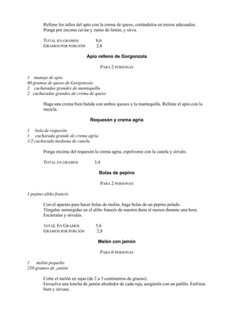 Rellene los tallos del apio con la crema de queso, cortándolos en trozos adecuados.
        Ponga por encima caviar y zumo de limón, y sirva.

        TOTAL KN GRAMOS             8,6
        GRAMOS POR PORCIÓM          2,8

                               Apio relleno de Gorgonzola

                                         PARA 2 PERSONAS

1 manojo de apio
60 gramos de queso de Gorgonzola
2 cucharadas grandes de mantequilla
2 cucharadas grandes de crema de queso

        Haga una crema bien batida con ambos quesos y la mantequilla. Rellene el apio con la
        mezcla.

                                 Requesón y crema agria

1 bola de requesón
1 cucharada grande de crema agria
1/2 cucharada mediana de canela

        Ponga encima del requesón la crema agria, espolvoree con la canela y sírvalo.

        TOTAL EN GRAMOS            3,4

                                      Bolas de pepino

                                         PARA 2 PERSONAS

1 pepino aliño francés

        Con el aparato para hacer bolas de melón, haga bolas de un pepino pelado.
        Téngalas sumergidas en el aliño francés de nuestra dieta al menos durante una hora.
        Escúrralas y sírvalas.

        TOTAL EN GRAMOS             5,6
        GRAMOS POR PORCIÓN          2,8

                                     Melón con jamón

                                      PARA 6 PERSONAS

1    melón pequeño
250 gramos de ¡anión

        Corte el melón en rajas (de 2 a 3 centímetros de grueso).
        Envuelva una loncha de jamón alrededor de cada raja, asegúrela con un palillo. Enfríese
        bien y sírvase.
 