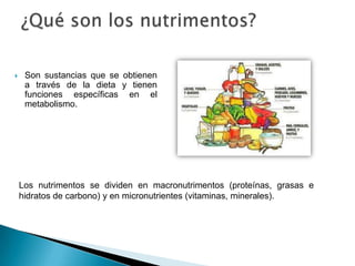  Son sustancias que se obtienen
a través de la dieta y tienen
funciones específicas en el
metabolismo.
Los nutrimentos se dividen en macronutrimentos (proteínas, grasas e
hidratos de carbono) y en micronutrientes (vitaminas, minerales).
 