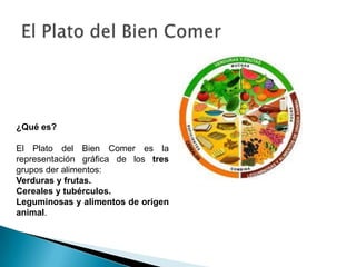¿Qué es?
El Plato del Bien Comer es la
representación gráfica de los tres
grupos der alimentos:
Verduras y frutas.
Cereales y tubérculos.
Leguminosas y alimentos de origen
animal.
 
