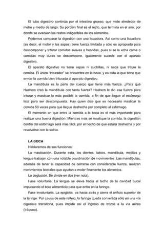 El tubo digestivo continúa por el intestino grueso, que mide alrededor de
metro y medio de largo. Su porción final es el recto, que termina en el ano, por
donde se evacuan los restos indigeribles de los alimentos.
Podemos comparar la digestión con una licuadora. Así como una licuadora
(es decir, el motor y las aspas) tiene fuerza limitada y sólo es apropiada para
descomponer y triturar comidas suaves o hervidas, pues si se le echa carne o
comidas muy duras se descompone, igualmente sucede con el aparato
digestivo.
El aparato digestivo no tiene aspas ni cuchillas, ni nada que triture la
comida. El único “triturador” se encuentra en la boca, y es esta la que tiene que
enviar la comida bien triturada al aparato digestivo.
La mandíbula es la parte del cuerpo que tiene más fuerza. ¿Para qué
Hashem creó la mandíbula con tanta fuerza? Hashem le dio esa fuerza para
triturar y masticar lo más posible la comida, a fin de que llegue al estómago
lista para ser descompuesta. Hay quien dice que es necesario masticar la
comida 50 veces para que llegue deshecha por completo al estómago.
El momento en que entra la comida a la boca es el más importante para
realizar una buena digestión. Mientras más se mastique la comida, la digestión
dentro del estómago será más fácil, por el hecho de que estará deshecha y por
revolverse con la saliva.
LA BOCA
Hablaremos de sus funciones:
La masticación. Durante esta, los dientes, labios, mandíbula, mejillas y
lengua trabajan con una notable coordinación de movimientos. Las mandíbulas,
además de tener la capacidad de cerrarse con considerable fuerza, realizan
movimientos laterales que ayudan a moler finamente los alimentos.
La deglución. Se divide en dos (ver nota).
Fase voluntaria. La lengua se eleva hacia el techo de la cavidad bucal
impulsando el bolo alimenticio para que entre en la faringe.
Fase involuntaria. La epiglotis va hacia atrás y cierra el orificio superior de
la laringe. Por causa de este reflejo, la faringe queda convertida sólo en una vía
digestiva transitoria, pues impide así el ingreso de trozos a la vía aérea
(tráquea).
 