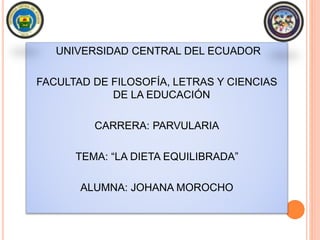 UNIVERSIDAD CENTRAL DEL ECUADOR
FACULTAD DE FILOSOFÍA, LETRAS Y CIENCIAS
DE LA EDUCACIÓN
CARRERA: PARVULARIA
TEMA: “LA DIETA EQUILIBRADA”
ALUMNA: JOHANA MOROCHO
 