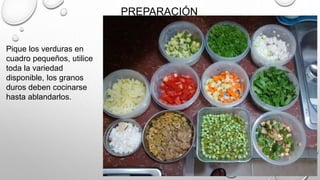 PREPARACIÓN
Pique los verduras en
cuadro pequeños, utilice
toda la variedad
disponible, los granos
duros deben cocinarse
hasta ablandarlos.
 