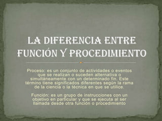 Proceso: es un conjunto de actividades o eventos
      que se realizan o suceden alternativa o
   simultáneamente con un determinado fin. Este
término tiene significados diferentes según la rama
     de la ciencia o la técnica en que se utilice.
  Función: es un grupo de instrucciones con un
  objetivo en particular y que se ejecuta al ser
   llamada desde otra función o procedimiento
 