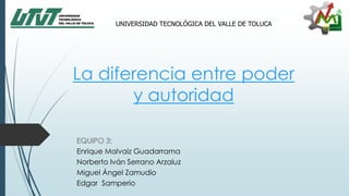 La diferencia entre poder
y autoridad
EQUIPO 3:
Enrique Malvaiz Guadarrama
Norberto Iván Serrano Arzaluz
Miguel Ángel Zamudio
Edgar Samperio
UNIVERSIDAD TECNOLÓGICA DEL VALLE DE TOLUCA
 