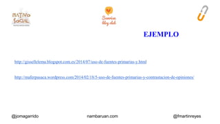 http://gissellelema.blogspot.com.es/2014/07/uso-de-fuentes-primarias-y.html 
http://maferpasaca.wordpress.com/2014/02/18/5-uso-de-fuentes-primarias-y-contrastacion-de-opiniones/ 
@jomagarrido nambaruan.com @fmartinreyes 
 