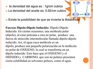  la densidad del agua es : 1g/cm cubicoLa densidad del aceite es: 0.92/cm cubicoExiste la posibilidad de que se invierta la flotabilidad Fuerzas Dipolo-Dipolo Inducido: Dipolo-Dipolo Inducido. En ciertas ocasiones, una molécula polar (dipolo), al estar próxima a otra no polar,  produce  una fuerza de atracción intermolecular llamada dipolo-dipolo inducido. Así, el agua cuya molécula es un dipolo, produce una pequeña polarización en la molécula no polar de OXÍGENO, la cual se transforma en un dipolo inducido. Esto hace que el OXÍGENO y el DIÓXIDO y  CARBONO, que son no polares presenten cierta solubilidad en solventes polares, como el agua.