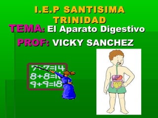 I.E.P SANTISIMAI.E.P SANTISIMA
TRINIDADTRINIDAD
TEMATEMA:: El Aparato DigestivoEl Aparato Digestivo
PROF:PROF: VICKY SANCHEZVICKY SANCHEZ
 