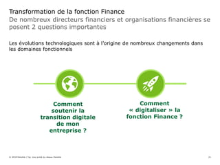 De nombreux directeurs financiers et organisations financières se
posent 2 questions importantes
Transformation de la fonction Finance
Les évolutions technologiques sont à l’origine de nombreux changements dans
les domaines fonctionnels
© 2018 Deloitte | Taj. Une entité du réseau Deloitte
Comment
soutenir la
transition digitale
de mon
entreprise ?
Comment
« digitaliser » la
fonction Finance ?
21
 