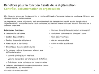 Bénéfices pour la fonction fiscale de la digitalisation
Principales fonctions
• Gestionnaire de tâches
• Gestion de périmètres
• Gestion des droits utilisateurs
• Piste d’audit et versioning
• Bibliothèque étendue et structurée
• Formats de collecte de données adaptés aux
différents besoins:
− Volume générique par interface
− Volume standardisé par chargement de fichiers
− Spécifiques et/ou technique par questionnaires
• Créateur de questionnaire et distribution de tâches
centralisés et / ou décentralisés
• Formats de synthèse automatisés et interactifs
• Validations conforme aux principes COSO
• Chat box dynamique
• Alertes automatisées
• Envoi de mails automatisé
• …
Afin d’assurer et surtout de documenter la conformité fiscale d’une organisation de nombreux éléments sont
nécessaires voire indispensables
La préparation, active ou passive, à un environnement de transparence fiscale accrue oblige aussi à
organiser les flux d’informations de façon différente, souvent en interaction avec d’autres fonctions de la
direction financière
© 2018 Deloitte | Taj. Une entité du réseau Deloitte 35
Contrôle, documentation et organisation
 