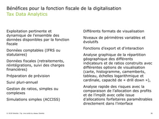 Exploitation pertinente et
dynamique de l’ensemble des
données disponibles par la fonction
fiscale
Données comptables (IFRS ou
statutaires)
Données fiscales (retraitements,
réintégrations, suivi des charges
financières)
Préparation de prévision
Suivi pluri-annuel
Gestion de ratios, simples ou
complexes
Simulations simples (ACCISS)
Différents formats de visualisation
Niveaux de périmètres variables et
évolutifs
Fonctions d’export et d’interaction
Analyse graphique de la répartition
géographique des différents
indicateurs et de ratios construits avec
différentes options de visualisation
(carte, histogramme, camemberts,
tableau, échelles logarithmique et
cardinale, capacité de « drill down »),
Analyse rapide des risques avec la
comparaison de l’allocation des profits
et de l’impôt avec celle issue
d’allocations forfaitaires paramétrables
directement dans l’interface
© 2018 Deloitte | Taj. Une entité du réseau Deloitte 38
Tax Data Analytics
Bénéfices pour la fonction fiscale de la digitalisation
 