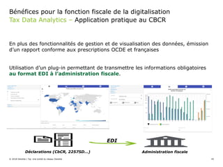 Tax Data Analytics – Application pratique au CBCR
Bénéfices pour la fonction fiscale de la digitalisation
En plus des fonctionnalités de gestion et de visualisation des données, émission
d’un rapport conforme aux prescriptions OCDE et françaises
Utilisation d’un plug-in permettant de transmettre les informations obligatoires
au format EDI à l’administration fiscale.
© 2018 Deloitte | Taj. Une entité du réseau Deloitte 45
EDI
Administration fiscaleDéclarations (CbCR, 2257SD…)
 