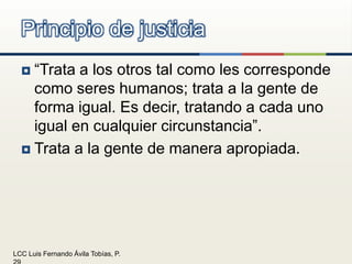 “Trata a los otros tal como les corresponde como seres humanos; trata a la gente de forma igual. Es decir, tratando a cada uno igual en cualquier circunstancia”.Trata a la gente de manera apropiada. Principio de justicia