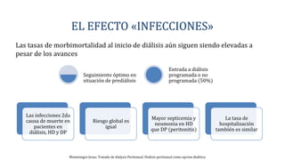 Las infecciones 2da
causa de muerte en
pacientes en
diálisis, HD y DP
Riesgo global es
igual
Mayor septicemia y
neumonia en HD
que DP (peritonitis)
La tasa de
hospitalización
también es similar
Las tasas de morbimortalidad al inicio de diálisis aún siguen siendo elevadas a
pesar de los avances
Seguimiento óptimo en
situación de prediálisis
Entrada a diálisis
programada o no
programada (50%)
Montenegro Jesus. Tratado de dialysis Peritoneal. Dialisis peritoneal como opcion dialitica
 