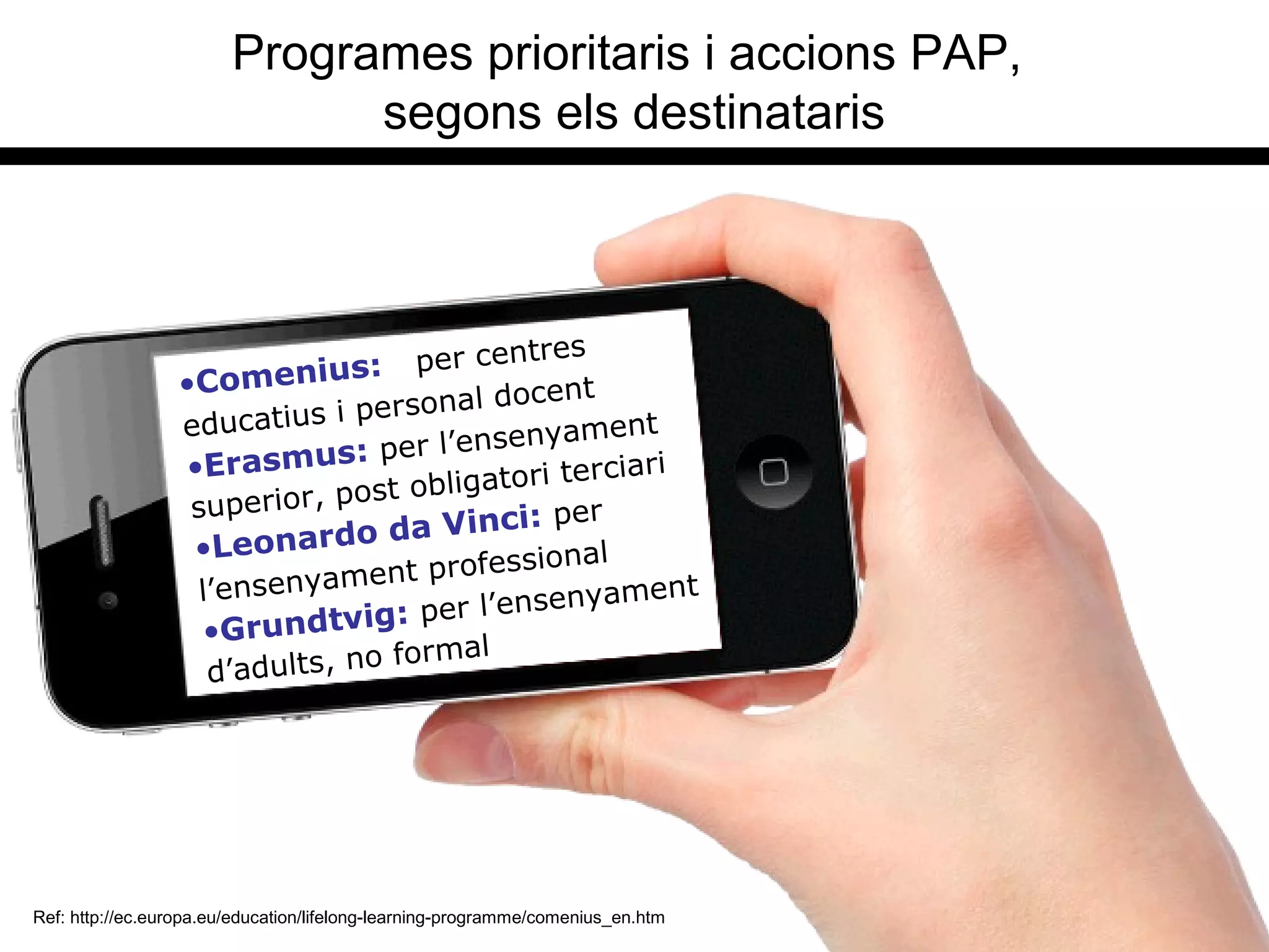 Programes prioritaris i accions PAP,
segons els destinataris
Ref: http://ec.europa.eu/education/lifelong-learning-programme/comenius_en.htm
•Comenius: per centres
educatius i personal docent
•Erasmus: per l’ensenyament
superior, post obligatori terciari
•Leonardo da Vinci: per
l’ensenyament professional
•Grundtvig: per l’ensenyament
d’adults, no formal
 