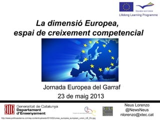 La dimensió Europea,
espai de creixement competencial
Jornada Europea del Garraf
23 de maig 2013
Neus Lorenzo
@NewsNeus
nlorenzo@xtec.cat
http://www.politicaexterna.com/wp-content/uploads/2010/02/uniao_europeia_european_union_UE_EU.jpg
 