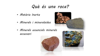 Què és una roca?
• Matèria Inerta
• Minerals i mineraloides
• Minerals essencials minerals
accessori
 