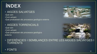 • AIGÜES SALVATGES
-Què són
-Com actuen
-Què produeixen els processos geològics externs
• AIGÜES TORRENCIALS
-Què són
-Com actuen
-Què produeixen els processos geològics
externs
• DIFERÈNCIES I SEMBLANÇES ENTRE LES AIGÜES SALVATGES I
TORRENTS
• FONTS 25
 