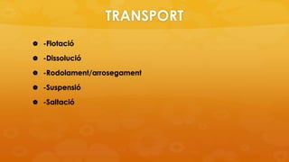 TRANSPORT
 -Flotació
 -Dissolució
 -Rodolament/arrosegament
 -Suspensió
 -Saltació
 