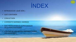 ÍNDEX
 INTRODUCCIÓ (QUÈ SÓN )
 QUÈ CONTENEN
 COM ACTUEN
 CORRENTS MARINES I MAREES
 QUÈ PRODUEIXEN ELS PROCESSOS
GEOLÒGICS EXTERNS
 UTILITAT DE LES AIGÜES MARINES SOBRE
LES PERSONES
 