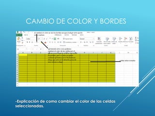 CAMBIO DE COLOR Y BORDES
-Explicación de como cambiar el color de las celdas
seleccionadas.
 