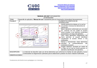 Universitat Oberta de Catalunya
                                                                       Máster en Educación y TIC (e-learning)
                                                                            Deivi Fernando Ladino Camargo
                                                                                   http://card.ly/deiviladino




                                          “MANUAL DE USO” ESTUDIANTES
                                                    STORYBOARD
TEMA        Desarrollo de aplicativo “Manual de uso” estudiantes para la Corporación Universitaria Iberoamericana.
Pantalla #   8                                                               ELEMENTOS GRÁFICOS DE
                                                                             INTERACCIÓN
                                                                                Interfaz general de trabajo en la cual se
                                                                             1 encuentran inmersos los elementos de
                                                                                interacción.
                                                      5                         Menú: elemento conformado por una serie
                                                                             2 de botones conlos distintos contenidos
                                                                                                     los cuales el usuario
                                        3                                       podrá acceder a
                                                                                presentados a lo largo del aplicativo.
           1                                                                    Libro: estos elementos integradores del
                                                                             3 menú permiten acceso directo a los
                                                                                visualmente el
                                                                                                    al usuario identificar

                                                      4                         contenidos.
                                                                                Demos y animaciones: estos elementos
                   2                                                        4 permiten la contextualización del
                                                                                contenido al usuario
                                                                                Imagen distintiva: recreada por medio de
                                                                             5 un logo con el cual se busca generar un
                                                                                elemento identificador del aplicativo
DESCRIPCIÓN          La intención de describir cada uno de los elementos que conforman la interfaz de este aplicativo, busca
                     contextualizar la diagramación planeada para la elaboración posterior de dicho material multimedial.
OBSERVACIONES


Fundamentos del diseño tecno-pedagógico en e-learning.

                                                                                       cto de MDM                        17
 