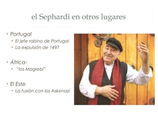 el Sephardí en otros lugares

• Portugal
  • El jefe rabino de Portugal
  • La expulsión de 1497


• África-
  • “los Magrebí”


• El Este
  • La fusión con los Askenazí
 