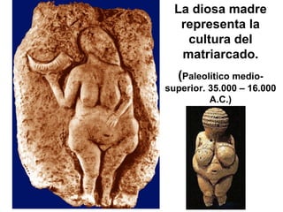 La diosa madre representa la cultura del matriarcado. ( Paleolítico medio-superior. 35.000 – 16.000 A.C.) 