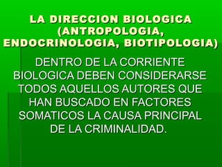 LA DDIIRREECCCCIIOONN BBIIOOLLOOGGIICCAA 
((AANNTTRROOPPOOLLOOGGIIAA,, 
EENNDDOOCCRRIINNOOLLOOGGIIAA,, BBIIOOTTIIPPOOLLOOGGIIAA)) 
DDEENNTTRROO DDEE LLAA CCOORRRRIIEENNTTEE 
BBIIOOLLOOGGIICCAA DDEEBBEENN CCOONNSSIIDDEERRAARRSSEE 
TTOODDOOSS AAQQUUEELLLLOOSS AAUUTTOORREESS QQUUEE 
HHAANN BBUUSSCCAADDOO EENN FFAACCTTOORREESS 
SSOOMMAATTIICCOOSS LLAA CCAAUUSSAA PPRRIINNCCIIPPAALL 
DDEE LLAA CCRRIIMMIINNAALLIIDDAADD.. 
 