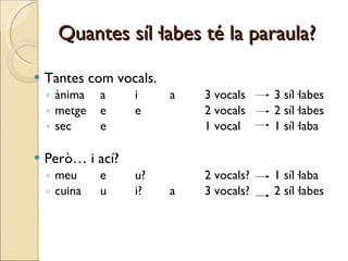 Quantes síl·labes té la paraula? Tantes com vocals. ànima a i a 3 vocals  3 síl·labes metge e e 2 vocals 2 síl·labes sec e 1 vocal 1 síl·laba Però… i ací? meu e u? 2 vocals? 1 síl·laba  cuina u i? a 3 vocals? 2 síl·labes 