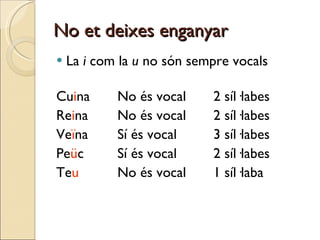 No et deixes enganyar La  i  com la  u  no són sempre vocals Cu i na No és vocal 2 síl·labes Re i na No és vocal 2 síl·labes Ve ï na Sí és vocal 3 síl·labes Pe ü c Sí és vocal 2 síl·labes Te u   No és vocal 1 síl·laba 