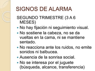 SIGNOS DE ALARMA 
SEGUNDO TRIMESTRE (3 A 6 
MESES) 
 No hay fijación ni seguimiento visual. 
 No sostiene la cabeza, no se da 
vueltas en la cama, ni se mantiene 
sentado. 
 No reacciona ante los ruidos, no emite 
sonidos ni balbucea. 
 Ausencia de la sonrisa social. 
 No se interesa por el juguete 
(búsqueda, alcance, transferencia) 
 