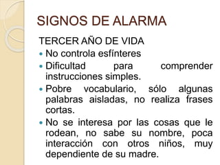 SIGNOS DE ALARMA 
TERCER AÑO DE VIDA 
 No controla esfínteres 
 Dificultad para comprender 
instrucciones simples. 
 Pobre vocabulario, sólo algunas 
palabras aisladas, no realiza frases 
cortas. 
 No se interesa por las cosas que le 
rodean, no sabe su nombre, poca 
interacción con otros niños, muy 
dependiente de su madre. 
 