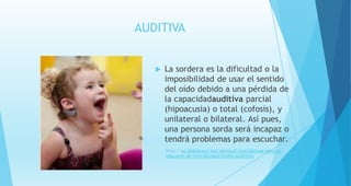 AUDITIVA
 La sordera es la dificultad o la
imposibilidad de usar el sentido
del oído debido a una pérdida de
la capacidadauditiva parcial
(hipoacusia) o total (cofosis), y
unilateral o bilateral. Así pues,
una persona sorda será incapaz o
tendrá problemas para escuchar.
http://es.slideshare.net/denisedl/metodologa-para-la-
educacin-de-nios-discapacitados-auditivos
 