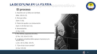 LA DISCIPLINA EN LA IGLESIA
II. La disciplina correctiva
El proceso
1. Hacerles ver su falta con claridad.
(Mat. 18:15-17).
2. Orar por ellos.
(Sant. 5:16).
3. Tratar de ayudar a su restauración.
(Sant. 5:19-20; Gal. 6:1).
4. Amonestarlos.
(1 Tes. 5:14).
5. Por ultimo, separarse de ellos.
(2 Tes. 3:6; 1Cor.5:5-13).
6. La iglesia completa debe apoyar el proceso y la
acción final.
(; 2Jn. 10-11; Mat. 18:17).
7. “Con el tal ni aun comáis”
(1 Cor. 5:9-13)
31
 