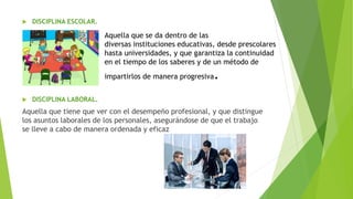  DISCIPLINA ESCOLAR.
 DISCIPLINA LABORAL.
Aquella que tiene que ver con el desempeño profesional, y que distingue
los asuntos laborales de los personales, asegurándose de que el trabajo
se lleve a cabo de manera ordenada y eficaz
Aquella que se da dentro de las
diversas instituciones educativas, desde prescolares
hasta universidades, y que garantiza la continuidad
en el tiempo de los saberes y de un método de
impartirlos de manera progresiva.
 