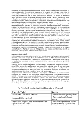 8
corporativas; que los cargos de los miembros del equipo, más que sus habilidades, determinan sus
respectivos papeles en el mismo; que un equipo, debe ser un equipo todo el tiempo; y que, el líder del
mismo está por encima de la ejecución de trabajo verdadero. Tan comprensibles como pueden ser estas
suposiciones, la mayoría de ellas no tienen justificación. No se aplican a los equipos en la cima que
hemos observado y, cuando se reemplazan por supuestos más realistas y flexibles, que permiten aplicar
la disciplina de equipo, el verdadero rendimiento del mismo puede y, en verdad, ocurre. Más aun, a
medida que más y más compañías confrontan la necesidad de gerenciar cambios importantes a lo largo
de sus organizaciones, veremos más equipos verdaderos en lo alto de ellas.
Creemos que los equipos se convertirán en la unidad de desempeño primaria, en las organizaciones de
excelente rendimiento. Pero, eso, no significa que los equipos eliminarán la oportunidad individual o la
jerarquía y los procesos formales. Más bien, mejorarán las estructuras existentes, sin reemplazarlas. La
oportunidad de conformar e quipos existe, siempre que, la jerarquía o las fronteras organizacionales,
inhiban las habilidades y perspectivas que se necesitan para lograr resultados óptimos. Por lo tanto, la
innovación de nuevos productos requiere que se proteja la excelencia funcional a través de la estructura,
a la vez que la erradicación de los sesgos funcionales, por medio de los equipos. Y, la productividad de la
línea frontal, requiere que se preserve la dirección y guía que da la jerarquía, a la par que se inspira
energía y flexibilidad, por medio de equipos auto dirigidos.
Estamos convencidos de que, cada compañía, enfrenta retos de rendimiento específicos, para los cuales,
el vehículo más práctico y poderoso que tiene a su disposición la alta gerencia, son los equipos. El papel
crítico para los altos gerentes, por lo tanto, es preocuparse acerca del rendimiento de la compañía y de
las clases de equipos que se pueden conformar. Esto quiere decir que, la alta gerencia, debe: reconocer
el potencial único de un equipo para producir resultados, desplegar equipos, de manera estratégica,
cuando sean la mejor herramienta para hacer el trabajo e impulsar la disciplina básica de los equipos,
que los haga más efectivos. Al obrar así, dicha gerencia crea la clase de ambiente que permite un
rendimiento, tanto del equipo, como individual y organizacional.
¿Cómo es Su Equipo?
En investigaciones recientes, muchos ejecutivos han señalado una gran preocupación acerca de cómo
conformar y trabajar en equipos. Pocas otras habilidades, dicen los datos, despiertan un interés tan
intenso entre cientos de gerentes. Por tal motivo, deseamos pedirle a la comunidad de lectores de
Harvard Business Review, que aumenten nuestro conocimiento en este tema, dejándonos aprender de
su experiencia.
El anterior artículo, proporciona hallazgos sistemáticos sobre cómo y porqué funcionan los equipos y
porqué fallan algunos. Les agradeceríamos que nos enviaran una nota, acerca de sus experiencias
personales con equipos. Por favor, incluya sus antecedentes educativos y laborales e indique cualquier
porción de información que no desea que citemos. Los autores están encantados en unírsenos, para
estudiar sus ideas, responderlas y, quizás, en escribir más sobre equipos.
Nos gustaría saber si los cambios económicos y tecnológicos, han hecho que los equipos sean más
importantes para usted en los años recientes. ¿Se vuelven los equipos más críticos, a medida que usted
asciende a niveles gerenciales más altos? ¿El adiestramiento en Administración de Empresas, ayuda a un
ejecutivo a ser más efectivo con los equipos? ¿Menos? ¿Los éxitos previos encierran a algunos
ejecutivos en hábitos que inhiben su participación en equipos o los vuelven sordos a las ideas de otros?
¿Cómo puede Harvard Business Review ser más útil en el mejoramiento continuo de sus propias
habilidades para conformar y trabajar en equipo?
No Todos los Grupos Son Equipos: ¿Cómo Saber la Diferencia?
Grupo de Trabajo Equipo
- Líder fuerte, Claramente enfocado - Papeles de liderazgo compartido
- Responsabilidad individual
- Responsabilidad individual y
mutua
- El propósito del grupo, es el mismo de la misión
organizacional más amplia
- Propósito específico del equipo,
que lo elabora el equipo mismo
 