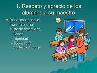 1. Respeto y aprecio de los alumnos a su maestro Reconocen en el maestro una superioridad en: Saber Dignidad Sobre todo perfección moral 