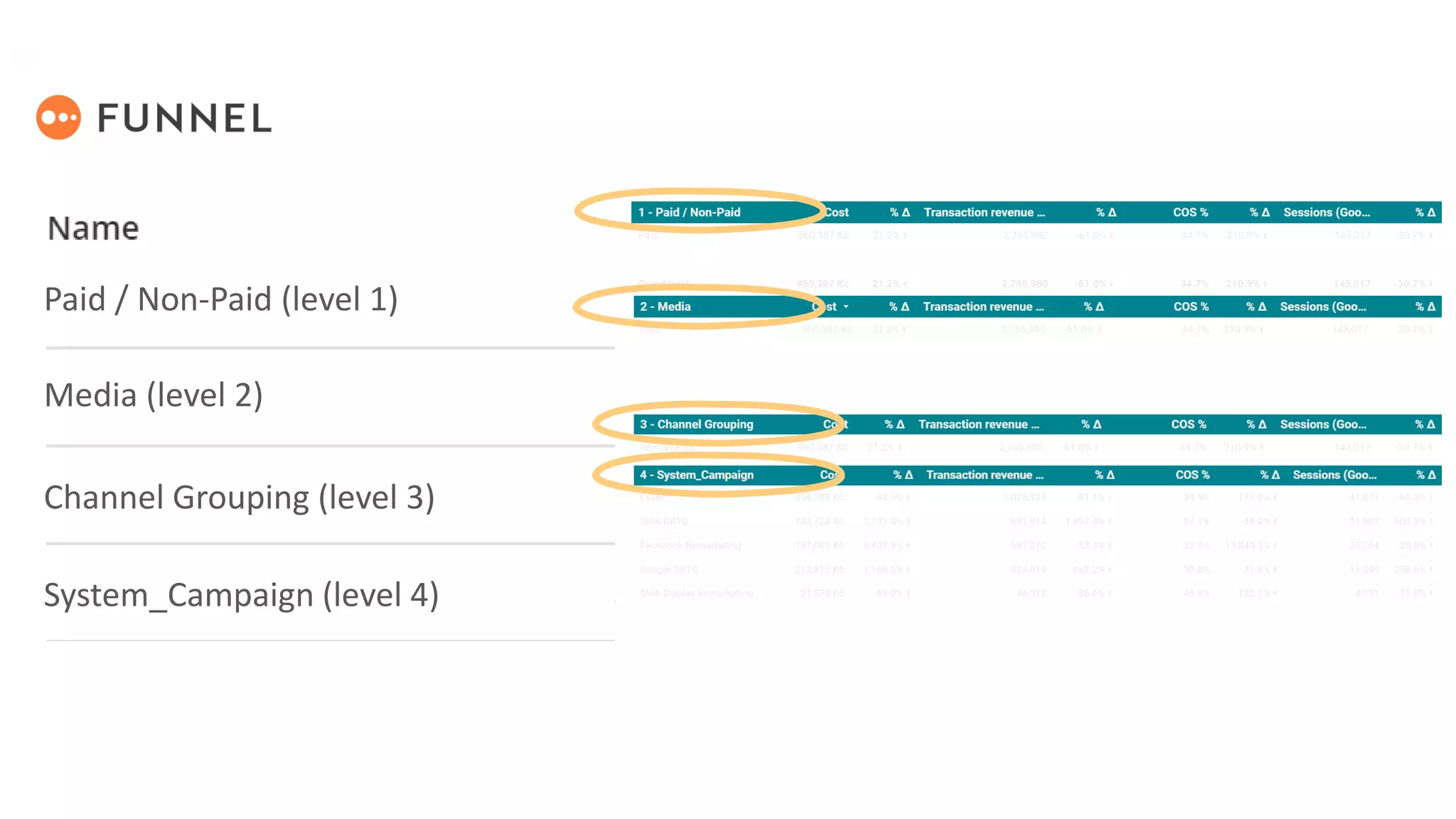 Paid / Non-Paid (level 1)
Media (level 2)
Channel Grouping (level 3)
System_Campaign (level 4)