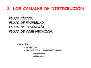 3. LOS CANALES DE DISTRIBUCIÓN

•   FLUJO   FÍSICO.
•   FLUJO   DE PROPIEDAD.
•   FLUJO   DE TESORERÍA.
•   FLUJO   DE COMUNICACIÓN.



      • CANALES:
             » DIRECTOS.
             » INDIRECTOS. INTERMEDIARIOS
                    -Mayoristas.
                    -Minoristas.
 
