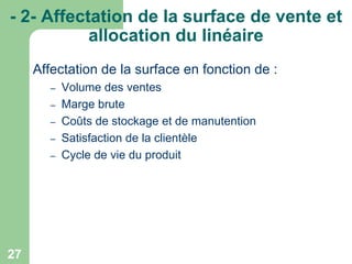 - 2- Affectation de la surface de vente et
allocation du linéaire
Affectation de la surface en fonction de :
–
–
–
–
–

27

Volume des ventes
Marge brute
Coûts de stockage et de manutention
Satisfaction de la clientèle
Cycle de vie du produit

 