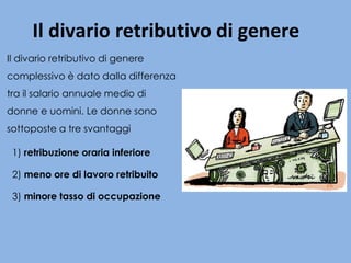 Il divario retributivo di genere
complessivo è dato dalla differenza
tra il salario annuale medio di
donne e uomini. Le donne sono
sottoposte a tre svantaggi
1) retribuzione oraria inferiore
2) meno ore di lavoro retribuito
3) minore tasso di occupazione
Il divario retributivo di genere
 