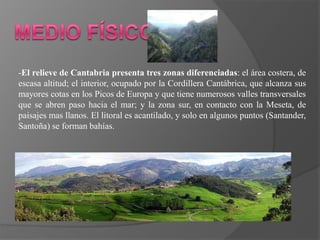 -El relieve de Cantabria presenta tres zonas diferenciadas: el área costera, de
escasa altitud; el interior, ocupado por la Cordillera Cantábrica, que alcanza sus
mayores cotas en los Picos de Europa y que tiene numerosos valles transversales
que se abren paso hacia el mar; y la zona sur, en contacto con la Meseta, de
paisajes mas llanos. El litoral es acantilado, y solo en algunos puntos (Santander,
Santoña) se forman bahías.
 