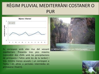 RÈGIM PLUVIAL MEDITERRÀNI COSTANER O
PUR
El Millars al seu pas per MontanejosEs correspon amb eles rius del vessant
mediterrani. Presenta tres pics màxims
(coincidint dos d’ells amb les precipitacions
de primavera i l’altre amb les de la tardor) i
tres mínims menys acusats ( un correspon a
l’estiu i els altres a períodes intermèdia en
primavera i hivern).
 