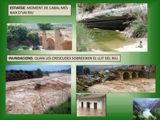 ESTIATGE: MOMENT DE CABAL MÉS
BAIX D’UN RIU
INUNDACIONS: QUAN LES CRESCUDES SOBREEIXEN EL LLIT DEL RIU.
 
