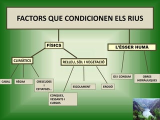 FACTORS QUE CONDICIONEN ELS RIUS
CLIMÀTICS RELLEU, SÒL I VEGETACIÓ
L’ÉSSER HUMÀ
CABAL
CONQUES,
VESSANTS I
CURSOS
ESCOLAMENT EROSIÓ
ÚS I CONSUM OBRES
HIDRÀULIQUESCRESCUDES
I
ESTIATGES…
FÍSICS
 