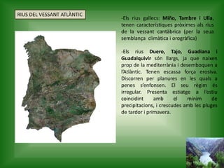 RIUS DEL VESSANT ATLÀNTIC
-Els rius gallecs: Miño, Tambre i Ulla,
tenen característiques pròximes als rius
de la vessant cantàbrica (per la seua
semblança climàtica i orogràfica)
-Els rius Duero, Tajo, Guadiana i
Guadalquivir són llargs, ja que naixen
prop de la mediterrània i desemboquen a
l’Atlàntic. Tenen escassa força erosiva.
Discorren per planures en les quals a
penes s’enfonsen. El seu règim és
irregular. Presenta estiatge a l’estiu
coincidint amb el mínim de
precipitacions, i crescudes amb les pluges
de tardor i primavera.
 