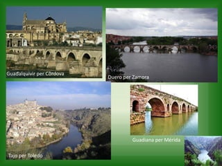 Duero per Zamora
Tajo per Toledo
Guadalquivir per Còrdova
Guadiana per Mérida
 